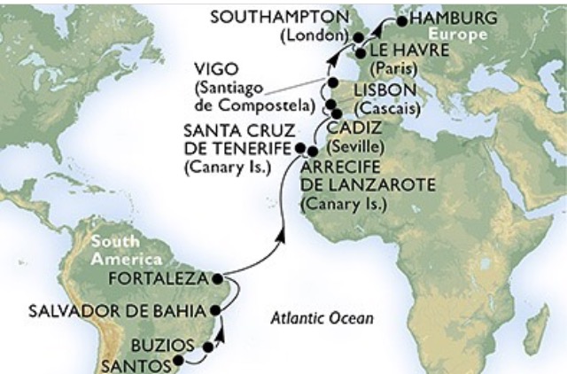 Itinerário da Travessia de Santos a Hamburgo a bordo do MSC Splendida.