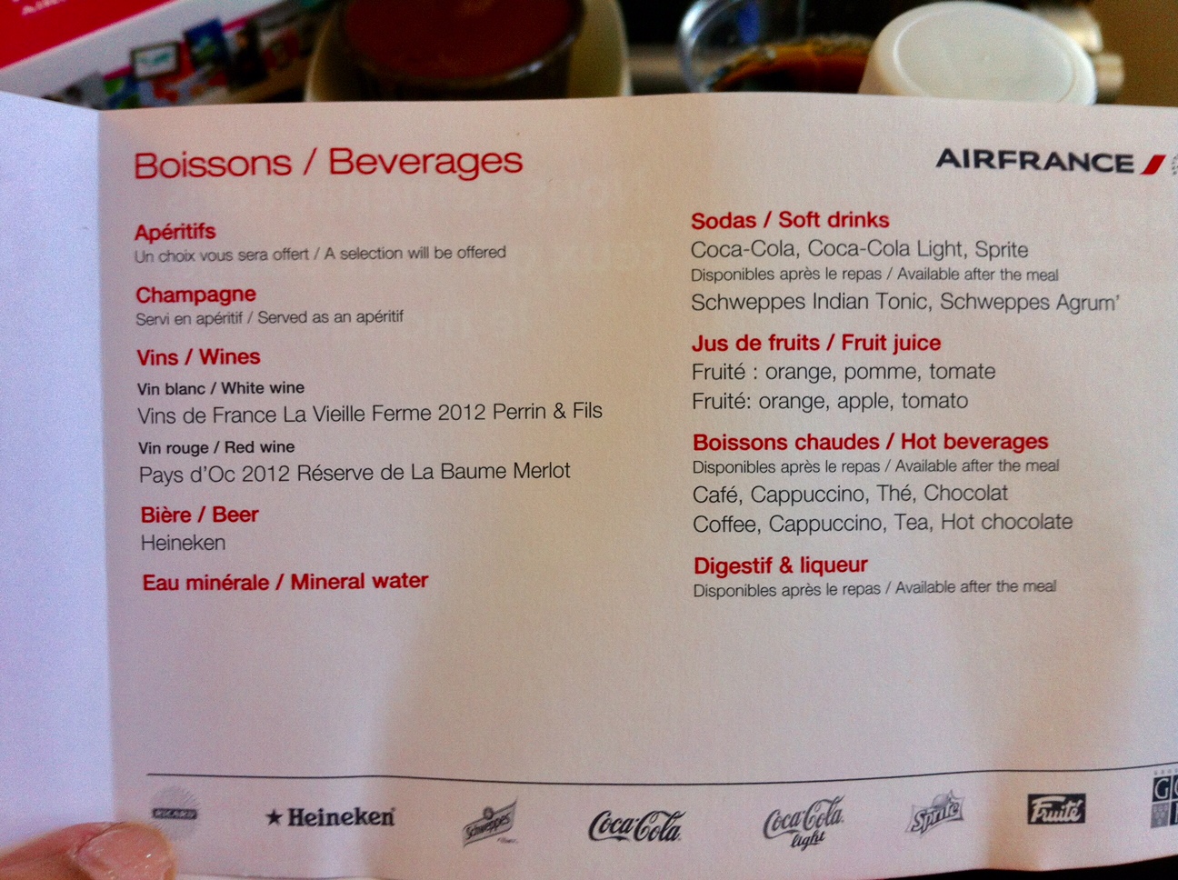 Cardápio de bebidas durante o voo com o A380 da Air France. Foto: AMF / Blog Tirando Férias
